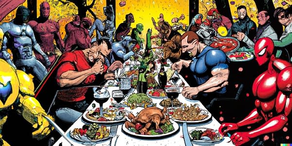 Marvel superheros enjoy a delicious Thanksgiving dinner.