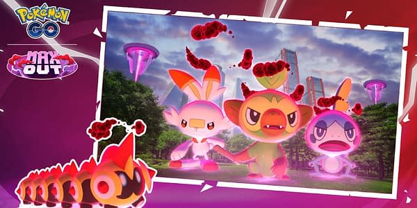 Dynamax Galarian Scorbunny, Sobble, Grookey, and Falinks in Pokémon GO. Credit: Niantic