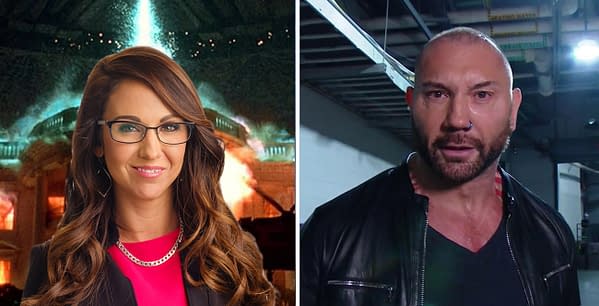 Hollywood megastar Dave Bautista is outspoken about his hatred of fellow WWE Hall-of-Famer Former President Donald Trump and his various Republican allies, including Congresswoman Lauren Boebert, pictured here in front of aliens blowing up the White House