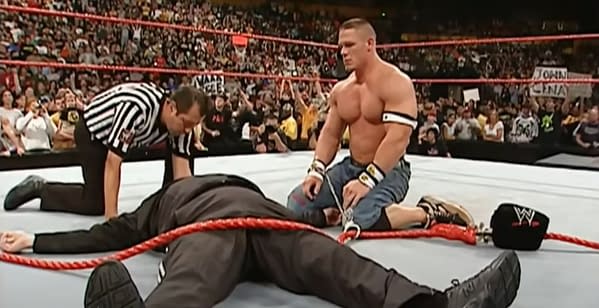 John Cena and John Cena appear on WWE Raw in 2007 after the elder Cena lost to Randy Orton. John Cena Sr. promoted AEW Dynamite tonight.