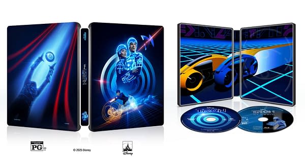 A colorful steelbook design for the 'TRON' and 'TRON: Legacy' 4K Ultra HD Blu-ray, featuring iconic characters in a digital landscape, with discs displayed at the bottom. The artwork highlights futuristic elements like light cycles and glowing patterns.