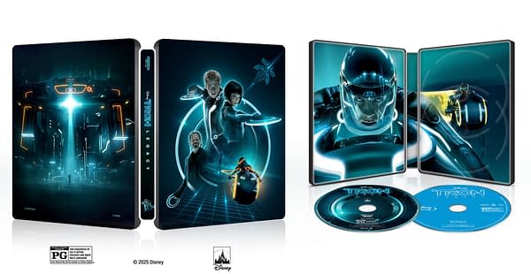A TRON: Legacy 4K Ultra HD Blu-ray SteelBook features a sleek design with vibrant blue and black artwork, showcasing iconic characters and imagery from the film, including light cycles and the futuristic grid. The package includes two discs and prominently displays the Disney logo.