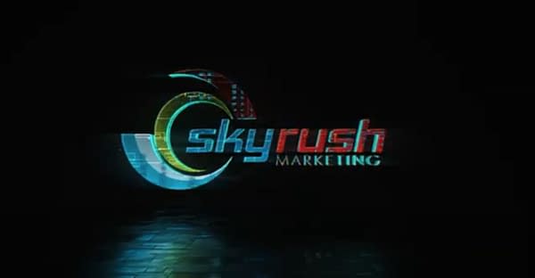 The logo for Skyrush Marketing, featuring stylized text and a circular graphic element, is displayed against a dark background. The text is highlighted in vibrant colors, emphasizing its digital marketing focus.