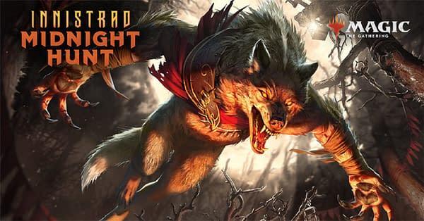 Key art for Innistrad: Midnight Hunt, the next upcoming expansion set for Magic: The Gathering.