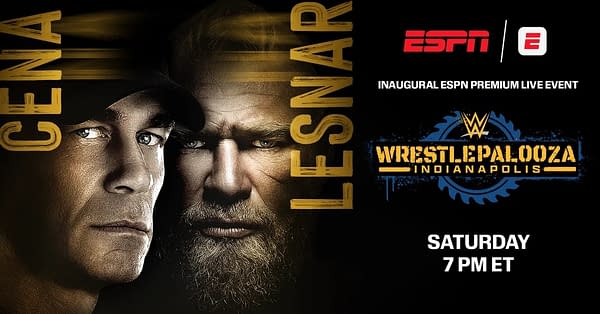 A promotional graphic for the ESPN WrestlePalooza event featuring images of two wrestlers, John Cena and Brock Lesnar, set against a dark background with bold text announcing the event details.