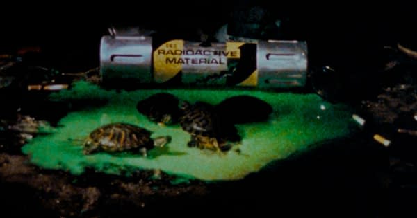 A scene from a cartoon featuring four turtles near a container labeled 'Radioactive Material,' set against a dark background. The turtles are depicted on a glowing green surface, emphasizing their unusual surroundings.