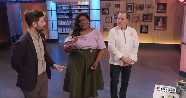 Host Nicole Byer, co-host Jacques Torres, and guest judge Adam Scott discuss their decisions on Nailed It, courtesy of Netflix
