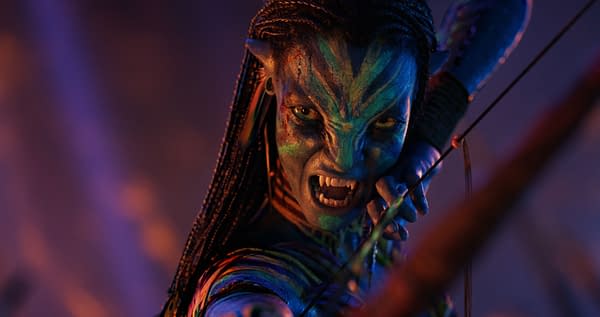 A digital illustration of Neytiri, portrayed by Zoe Saldaña, in the film 'Avatar: Fire and Ash.' She is depicted with striking blue skin, vibrant face paint, and fierce expression, wielding a bow and arrow.