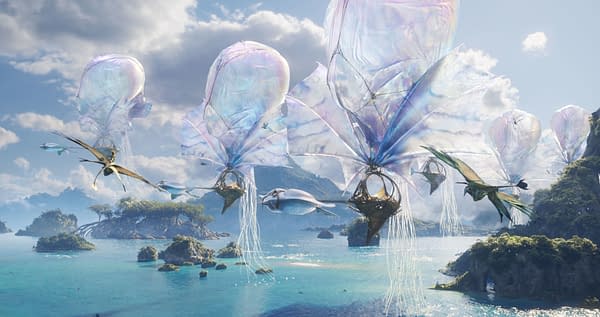 A vibrant scene from "Avatar: Fire and Ash," featuring floating, translucent jellyfish-like structures above a serene blue ocean, with fantastical creatures soaring through the sky and lush islands in the background.