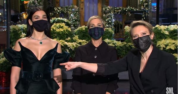 SNL released new promos with Kristen Wiig, Kate McKinnon, and Dua Lipa. (Image: NBC screencap)