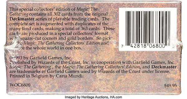 The rear of the Magic: the Gathering Collector's Edition box presently on auction at Heritage Auctions.