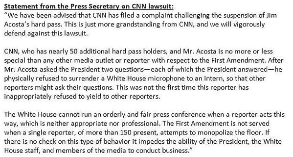CNN Sues Trump White House to Reinstate Acosta; Alleges 1st, 5th Amendment Violations (UPDATE)