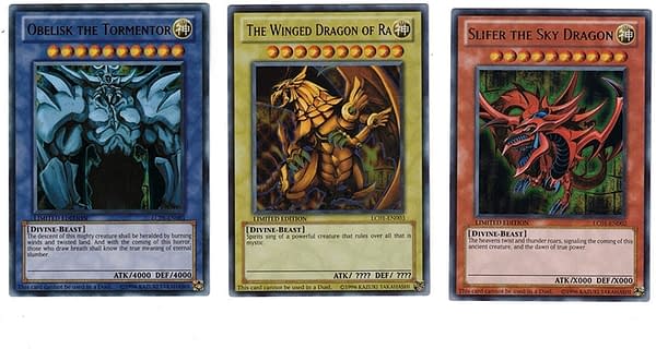 The Egyptian God cards from Yu-Gi-Oh! by Konami.