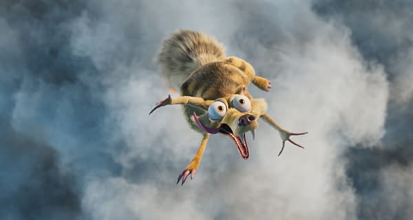 Scrat from Ice Age: Boiling Point tumbles through cloudy smoke with a terrified expression.