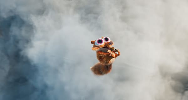 Baby Scrat floats in a cloud of steam and smoke in Ice Age: Boiling Point.