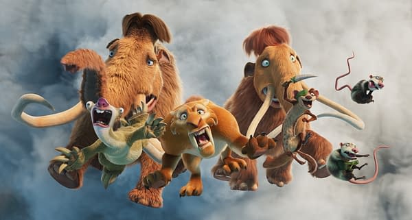 Ice Age: Boiling Point characters Sid, Manny, Diego, Ellie, Buck, Crash, and Eddie leap through a smoky sky in a dramatic animated action scene.