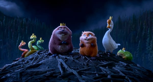 A scene from the animated film 'HOPPERS' by Disney and Pixar, featuring two furry characters with joyful expressions, standing on a mound, surrounded by colorful snake-like creatures and a duck, all wearing golden crowns.