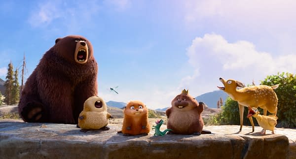 A colorful cartoon scene from Disney and Pixar's "Hoppers," featuring a variety of animated characters including a bear, a dragonfly, and several small animals expressing joy. The background showcases a natural landscape with mountains and blue skies.