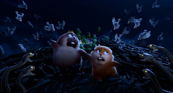 In a scene from Disney and Pixar's animated film "Hoppers," King George and Mabel Beaver appear frightened as they flee from a flock of birds in a dark, atmospheric setting.