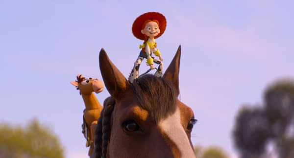 Jessie rides atop Bullseye in a scene from Disney and Pixar's Toy Story 5, with Bullseye's face filling the foreground.