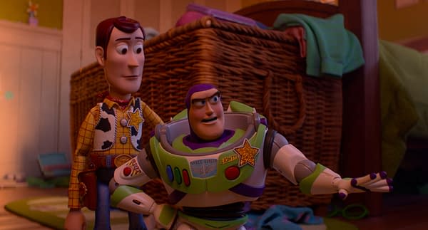 Woody and Buzz Lightyear stand in a child's bedroom in a scene from Disney and Pixar's Toy Story 5.