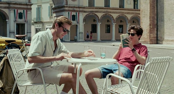  Call Me by Your Name scene featuring Armie Hammer and Timothée Chalamet.