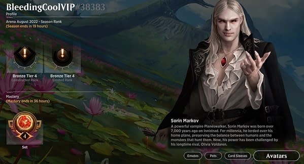 Our profile as the ever-fitting Sorin Markov for the Dominaria United Early Access event for Magic: The Gathering, via Magic Arena.