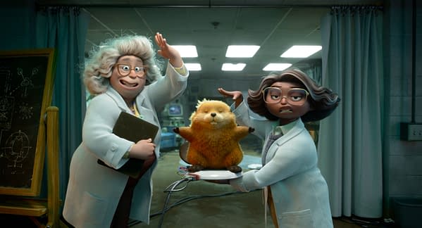 In a scene from Pixar's animated film "Hoppers," two animated scientists, Dr. Sam and Dr. Nisha, display a small, fluffy creature on a lab tray, showcasing their excitement in a vibrant laboratory setting.