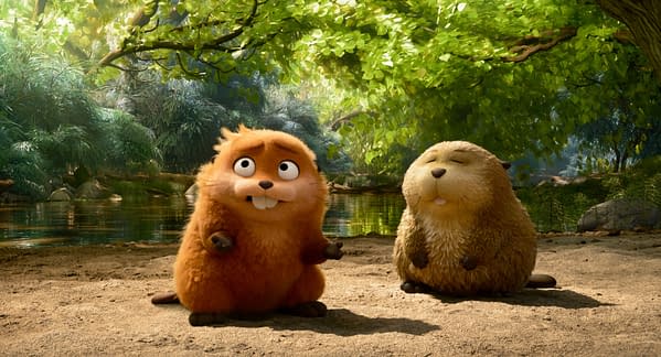 In Pixar's animation 'Hoppers', two charming characters, Mabel and Loaf, are depicted sitting on sandy ground near a serene water body surrounded by lush greenery. Mabel, with vibrant orange fur, and Loaf, with a softer beige tone, both display playful expressions.