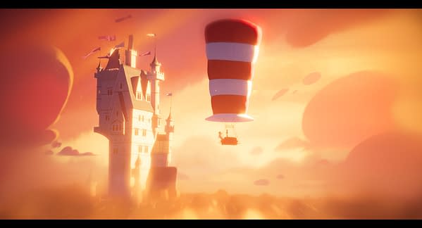 A whimsical illustration featuring a tall, ornate castle set against a dreamlike orange sky. In the foreground, a hot air balloon with a red and white striped top carries a small figure.