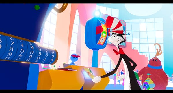 A vibrant illustration featuring a character in a tall red and white striped hat, resembling Dr. Seuss's style. The character interacts with a futuristic control panel amidst a whimsical, colorful setting filled with quirky creatures.