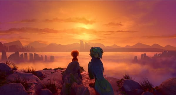 An illustration from 'Swapped,' showing a small woodland creature and a majestic bird, both looking towards a vibrant sunset over misty mountains. The scene captures a sense of adventure and companionship.