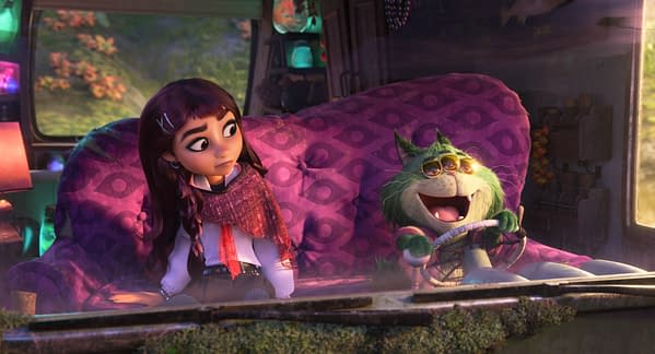 Billie Doe and Beef Roger Crummchuk ride together in a purple-covered vehicle in Walt Disney Animation Studios' Hexed, with Billie looking wary and Beef grinning behind the wheel.