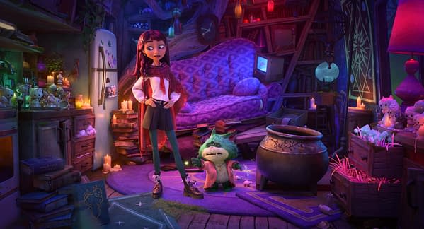 Billie Doe and the small green creature Beef Roger Crummchuk stand in a cozy, candlelit magical room filled with books, potions, and glowing purple décor from Disney's Hexed.