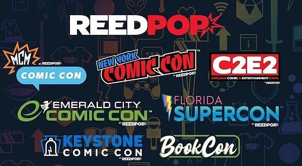 A selection of ReedPop show logos including MCM, NYCC, C2E2, ECCC