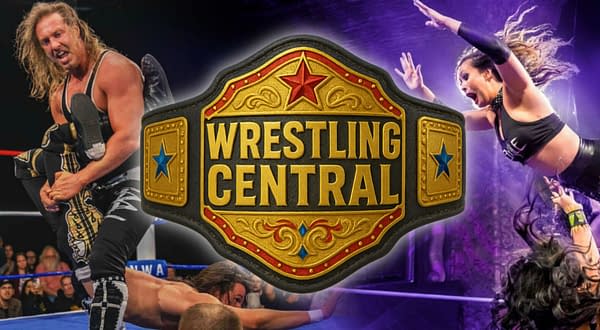 A championship belt labeled Wrestling Central prominently displayed in the center, with dynamic wrestling action happening on either side featuring two wrestlers in action-filled poses. The background hints at an intense wrestling match atmosphere.