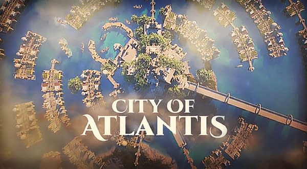Key art of SuperIndie Games' city-building survival indie game, City of Atlantis. This art depicts an aerial view of Atlantis itself.