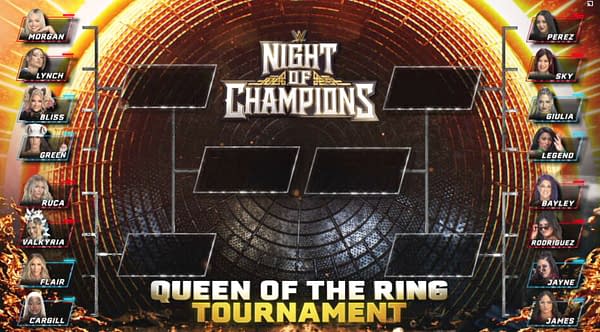 WWE Night of Champions-style Queen of the Ring tournament bracket graphic with wrestler portraits arranged on both sides and empty match slots in the center.