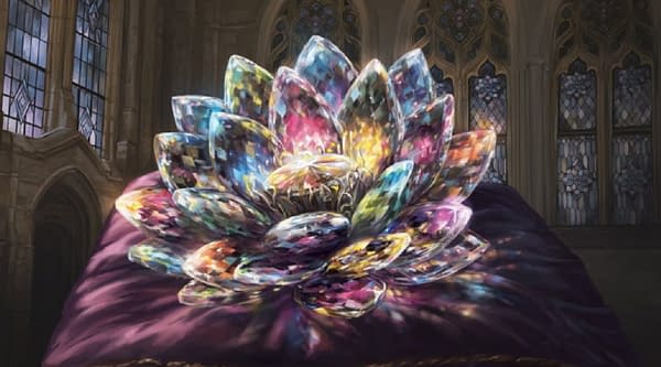 The art for Jeweled Lotus, an iconic card from Magic: The Gathering's set, Commander Legends, foils from which have been curling a ton.