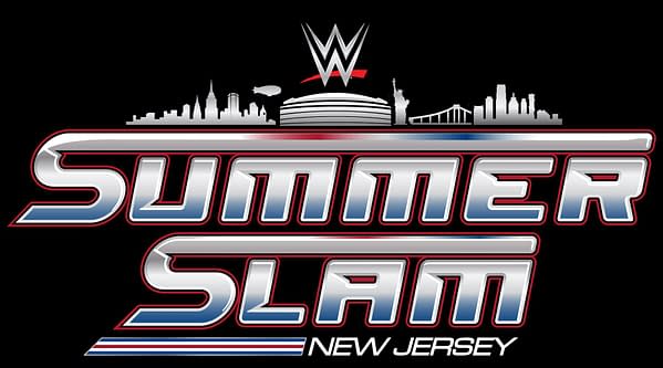 A logo for WWE SummerSlam featuring the words 'Summer Slam' in bold metallic letters, with a stylized skyline and iconic landmarks like the Statue of Liberty and a stadium in the background.