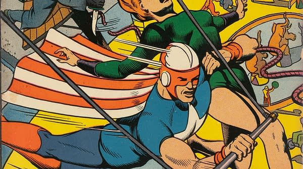 A colorful illustration from a comic book featuring two superheroes in dynamic action poses, with one character wearing a striped cape and the other in a green suit. The background is vibrant and filled with various comic-style elements, adding to the sense of adventure.