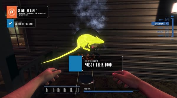 Another screenshot from indie simulation game Party Crasher Simulator, by publisher and developer Glob Games Studio. In this screenshot, the player's character is seen putting a rat onto the barbeque, thereby poisoning the food on it already.