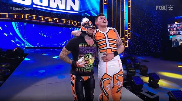 Rey and Dominik Mysterio Celebrate After Their Victory on WWE Smackdown.