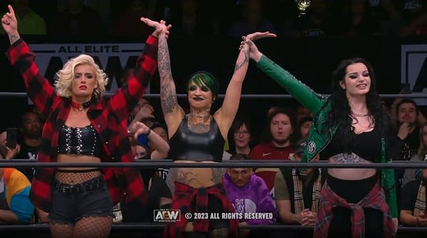 Toni Storm, Ruby Soho, and Saraya stand triumphant on AEW Rampage.