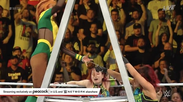 Iyo Sky handcuffs Becky Lynch and Bayley in the Money in the Bank ladder match