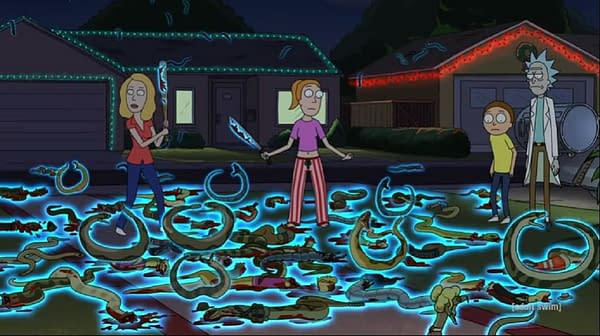 Beth, Summer, Rick, and Morty fend off space snakes on Rick and Morty, courtesy of Adult Swim.
