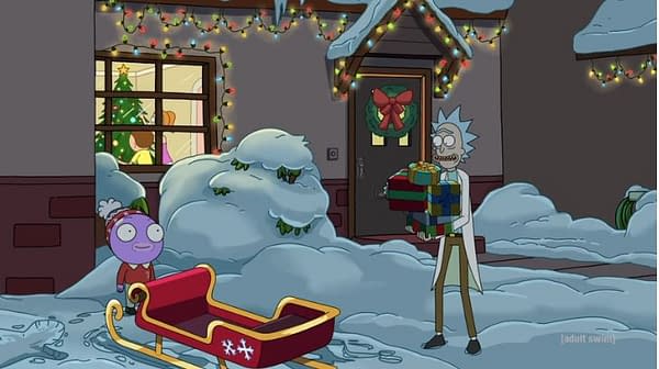 Rick and Goomby make it back in time for Christmas on Rick and Morty, courtesy of Adult Swim.