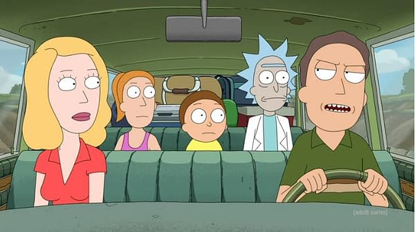 The family goes on vacation on Rick and Morty, courtesy of Adult Swim.