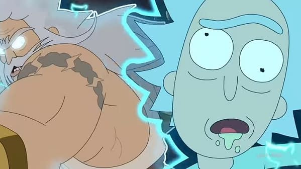 Rick goes one-on-one with Zeus in "Childrick of Mort" on Rick and Morty, courtesy of Adult Swim.