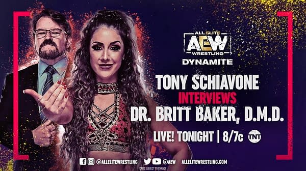 Match graphic for Tony Schiavone's interview with Dr. Britt Baker at AEW Dynamite's Wednesday, March 24th Edition.